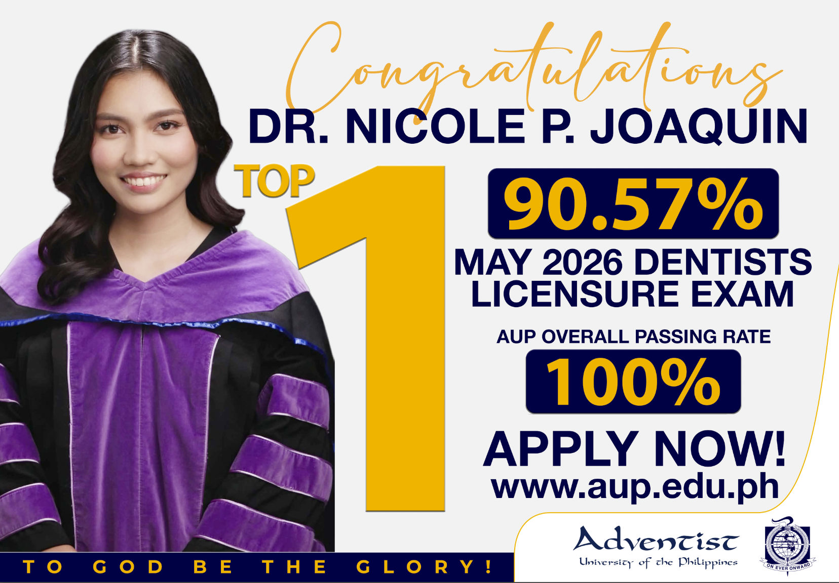 God Did It Again: AUP Alumna Dr. Joaquin Captures Top 1 in May 2026 DLE; COD Secures 100% Passing Rate